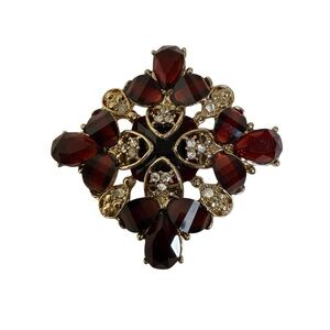 Vintage Victorian Style Red Brooch In Gold Tone with Small Clear Rhinestones